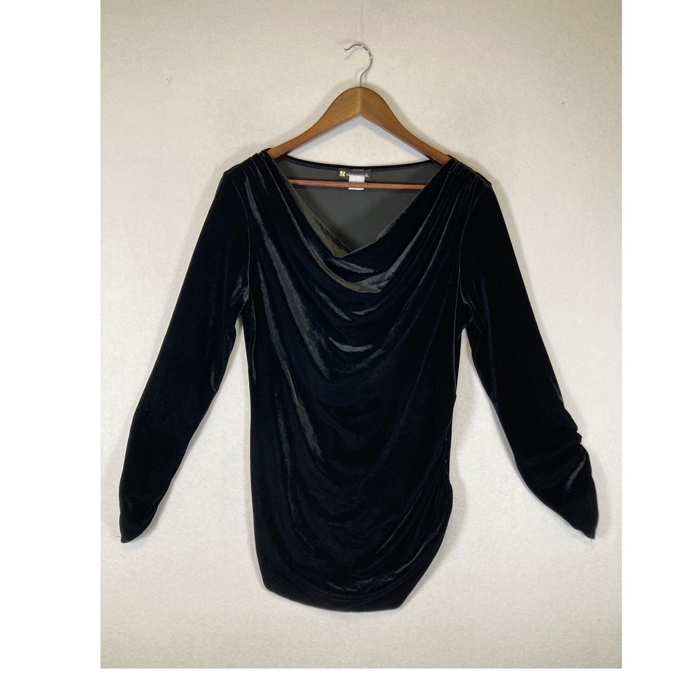 Elegant Valerie Bertinelli Womens Large Black Velvet Cowl Neck Ruched Sleeve Top